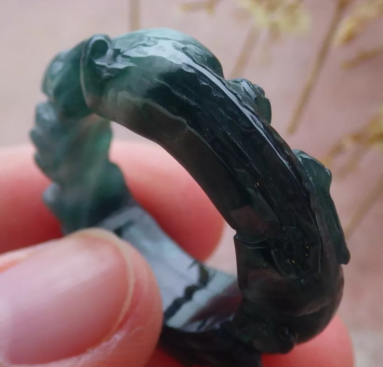 VINTAGE Large Jadeite Green Jade Ring Hand Carved Dragon Certified Jade Size 10