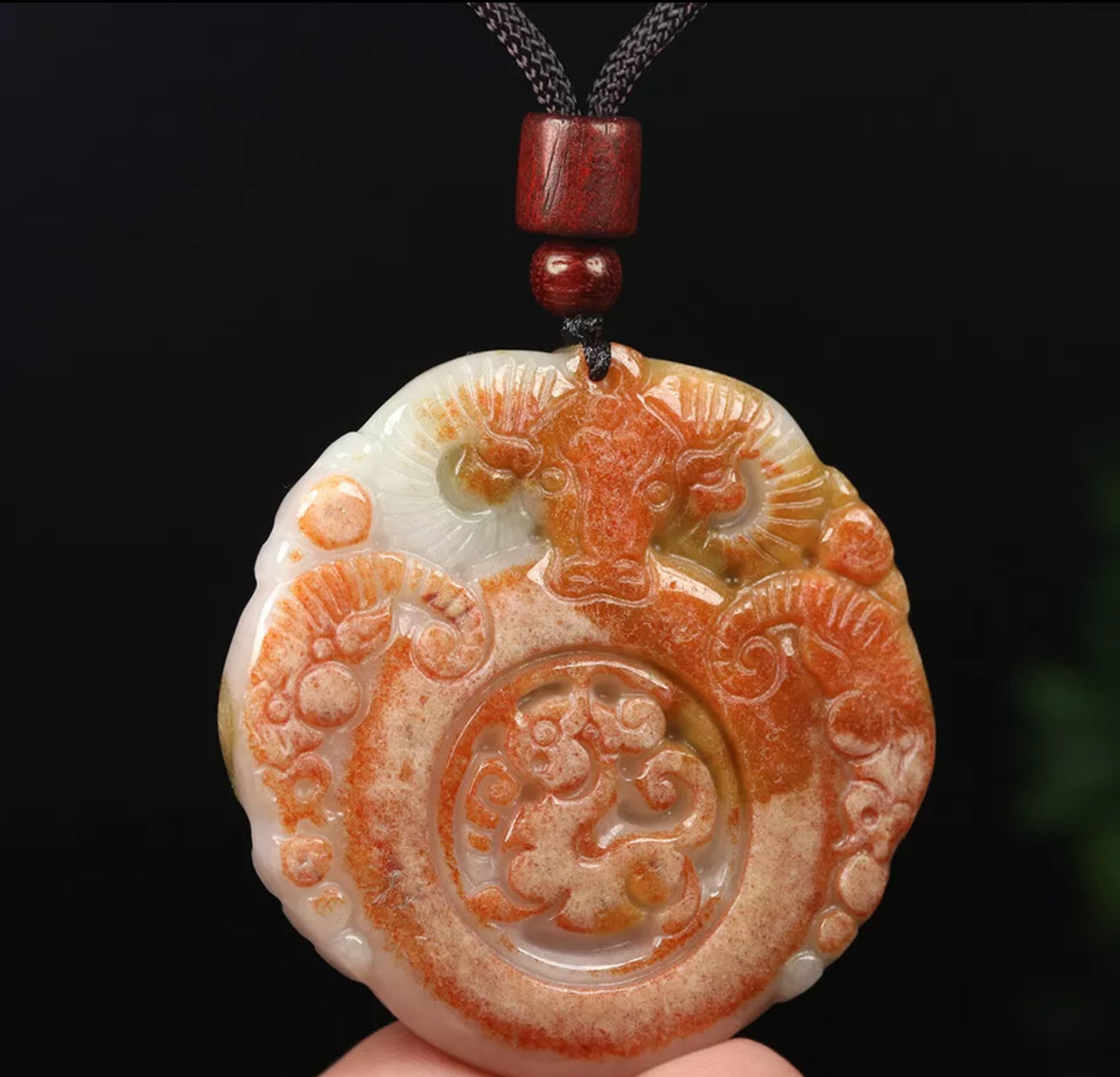 VINTAGE Red Brown Jadeite Green Jade Pendant Hand-carved Ox Dragon - Fine Unique Jade D883