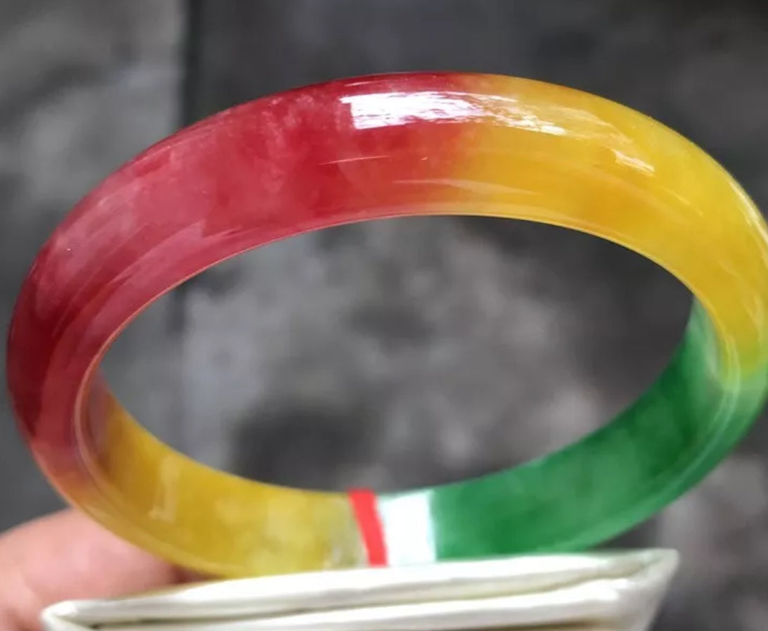 VINTAGE Large Jadeite Green/Red/Yellow Jade Bangle Size 62.8mm Unique Trio Jade Shades D191