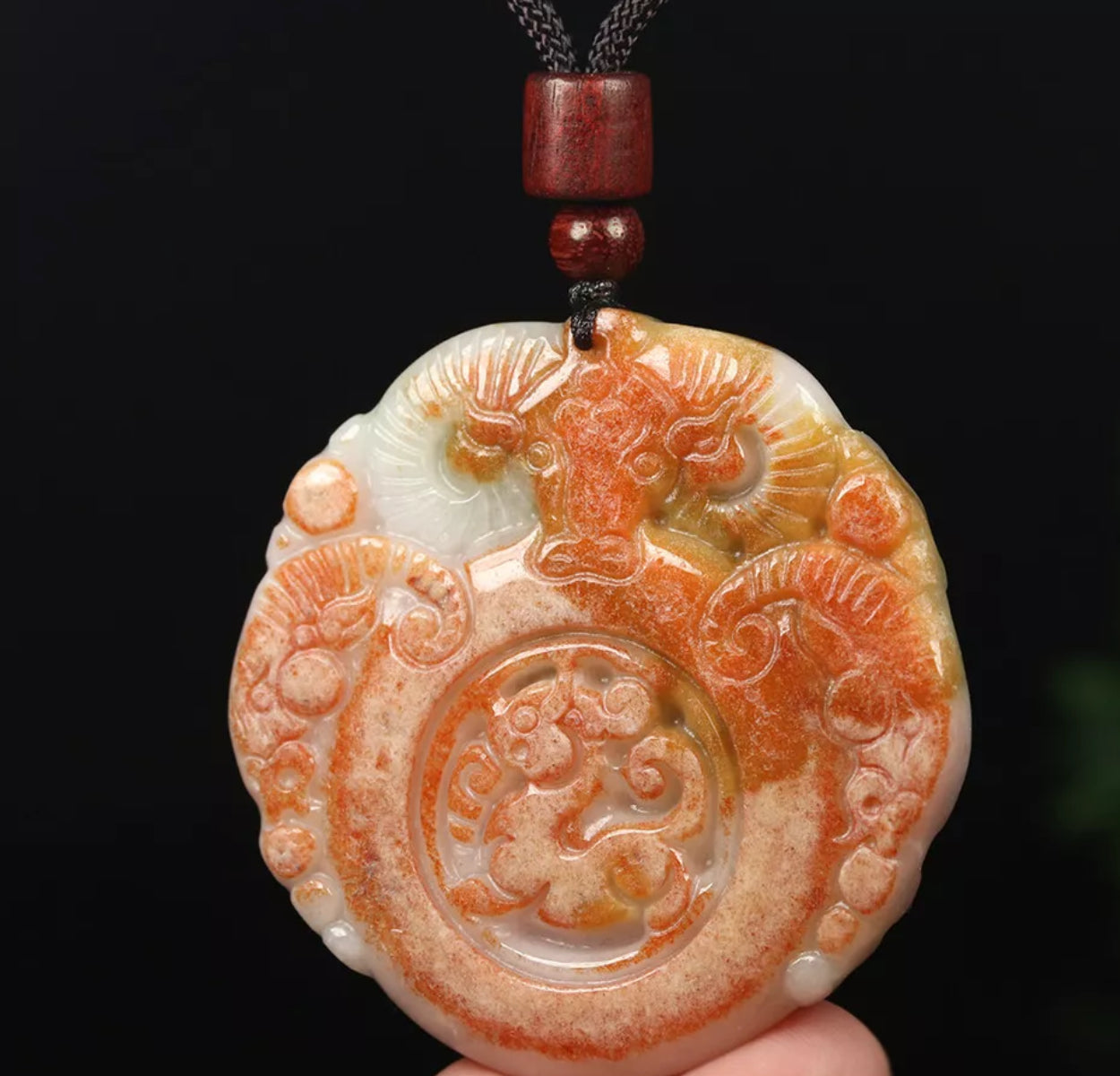 VINTAGE Red Brown Jadeite Green Jade Pendant Hand-carved Ox Dragon - Fine Unique Jade D883