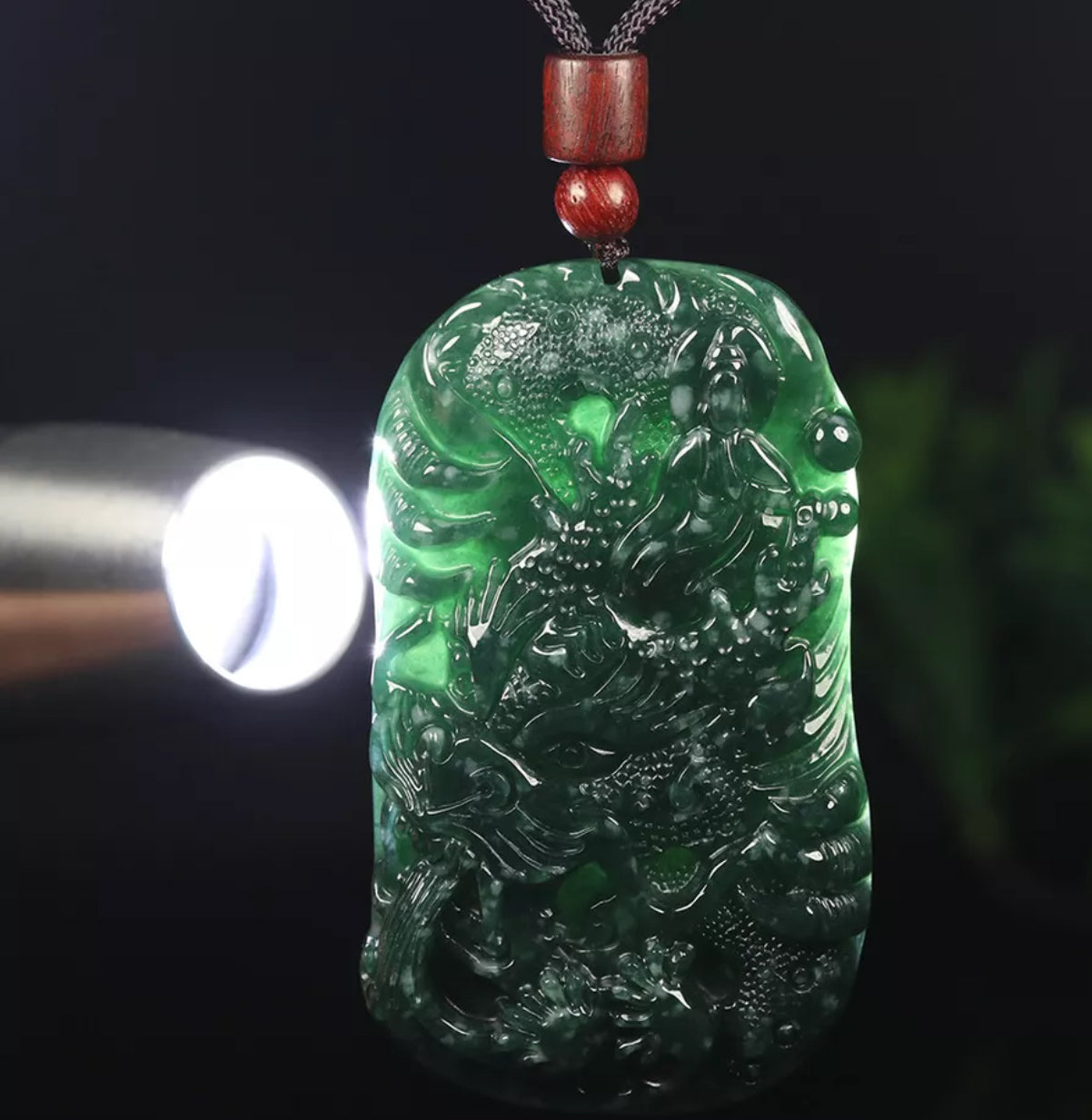 VINTAGE Green Jadeite Dragon Kwan-Yin (Guanyin) Jade Pendant - Certified Grade A Jade Piece D242