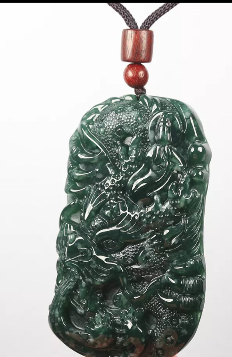 VINTAGE Green Jadeite Dragon Kwan-Yin (Guanyin) Jade Pendant - Certified Grade A Jade Piece D242