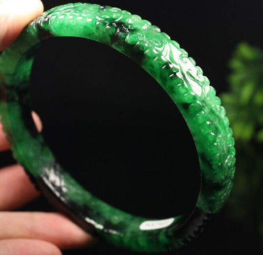 VINTAGE XXL Jadeite Green/Black Jade Bangle Size Hand-Carved Dragon Phoenix 82mm D465 Fine Jade Unique Piece! - JazzyJewelbyAmina 