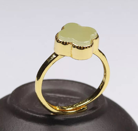 Certified Green Nephrite Jade Clover Ring Adjustable Good Plated Band - Prosperity Piece!