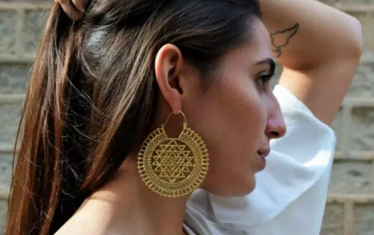 Handmade BOHO Brass Pyramid Large Round Drop Earrings