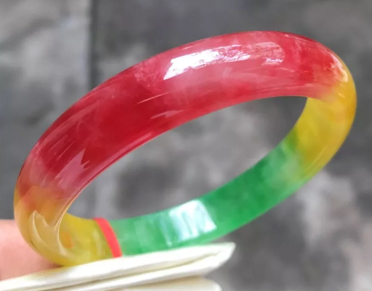 VINTAGE Large Jadeite Green/Red/Yellow Jade Bangle Size 62.8mm Unique Trio Jade Shades D191