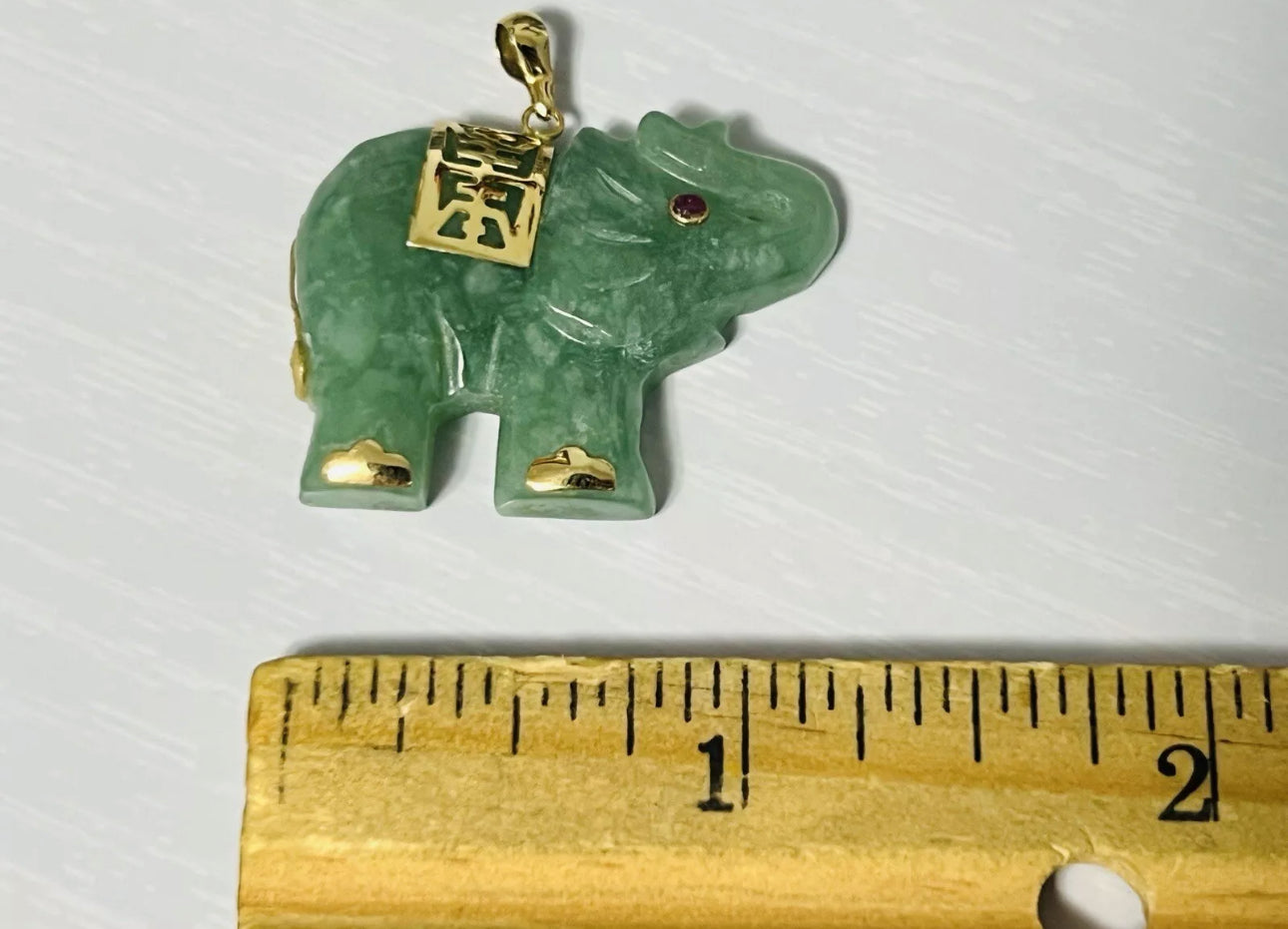 VINTAGE Jadeite Green Jade Elephant 14k Yellow Gold w/ Red Ruby Eye Pendant - Fine Jade Piece