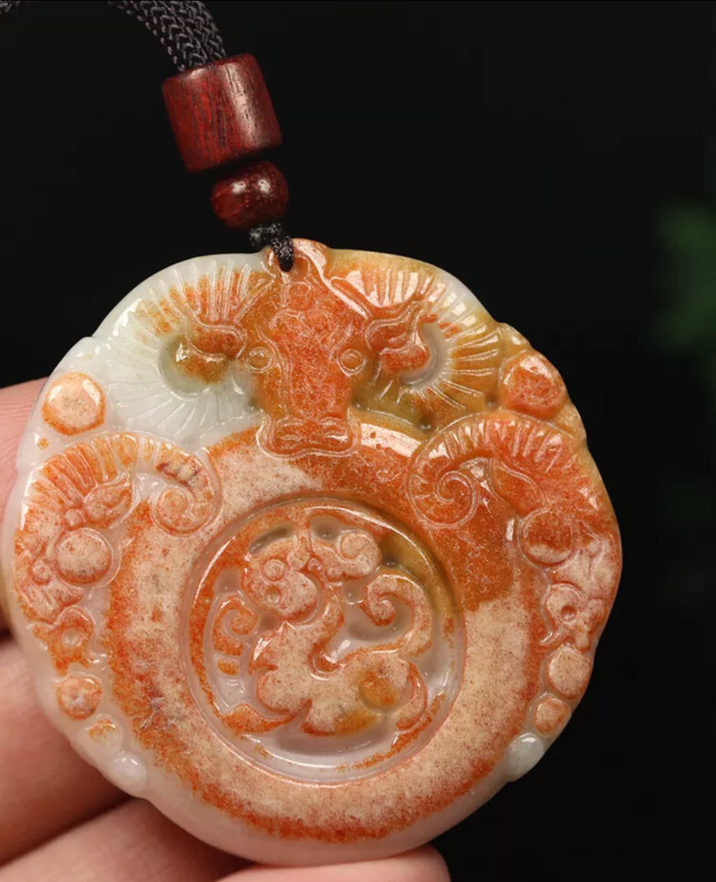 VINTAGE Red Brown Jadeite Green Jade Pendant Hand-carved Ox Dragon - Fine Unique Jade D883