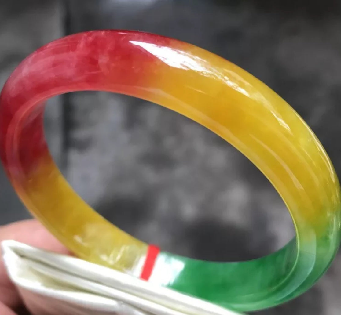 VINTAGE Large Jadeite Green/Red/Yellow Jade Bangle Size 62.8mm Unique Trio Jade Shades D191