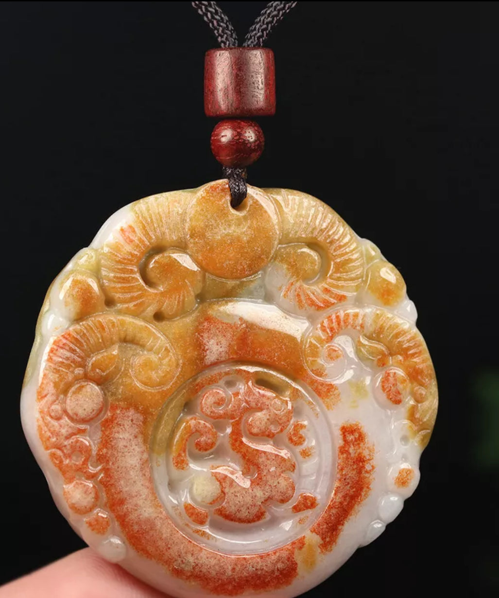 VINTAGE Red Brown Jadeite Green Jade Pendant Hand-carved Ox Dragon - Fine Unique Jade D883