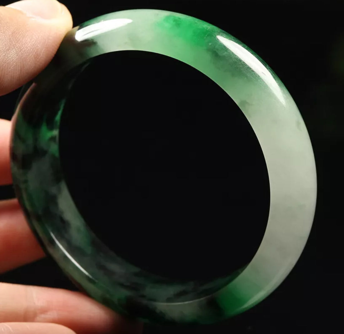 VINTAGE Medium Jadeite Black/Green/White Jade Bangle Size 57mm Marble Jade! F369