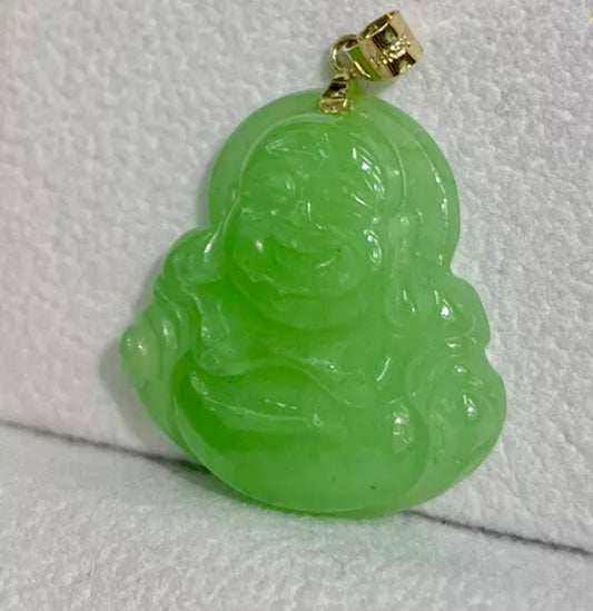 VINTAGE 14K Yellow Gold (Bail) Jadeite Green Jade Smiling Buddha for Good Luck New Year! D1230 - JazzyJewelbyAmina 