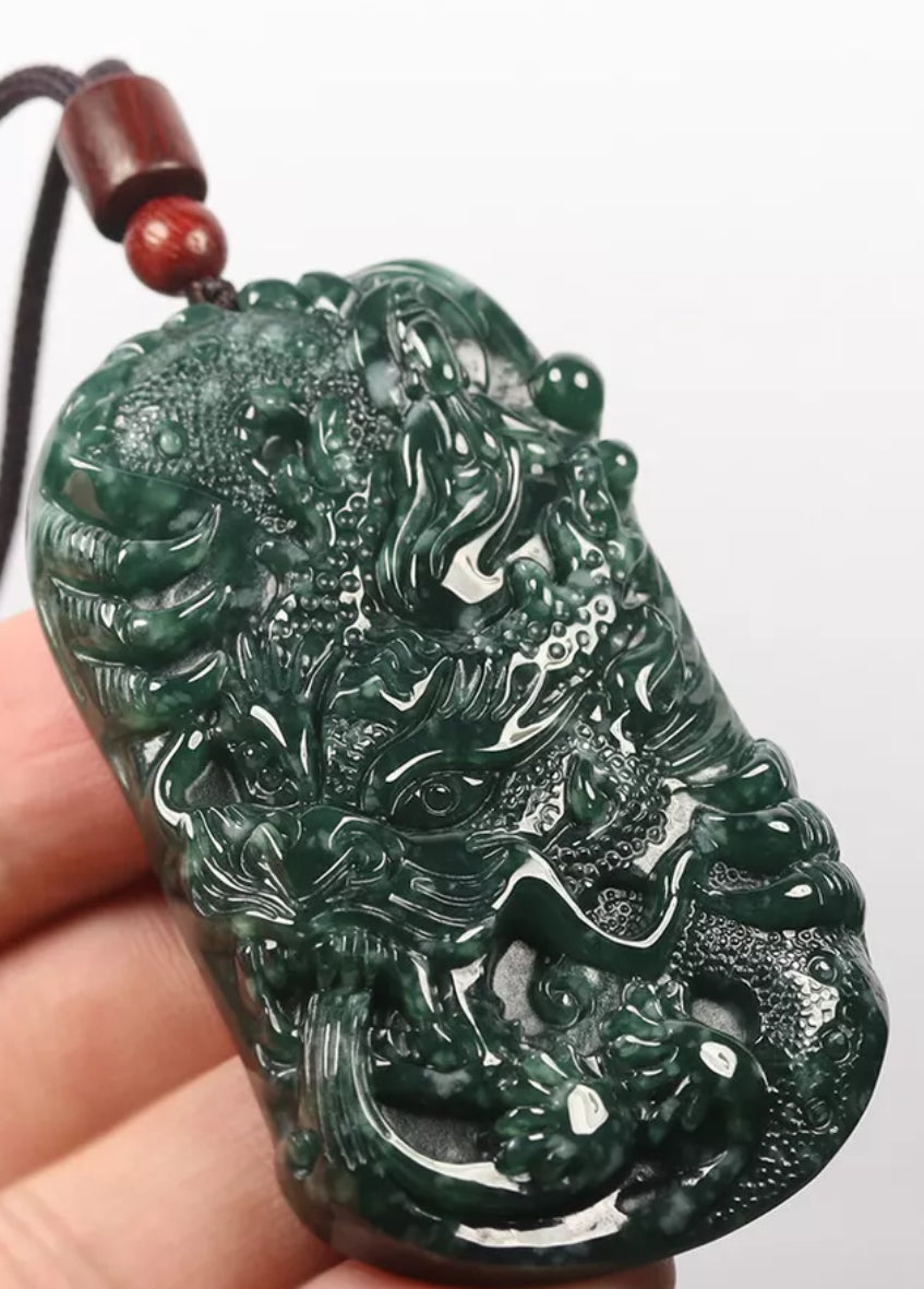 VINTAGE Green Jadeite Dragon Kwan-Yin (Guanyin) Jade Pendant - Certified Grade A Jade Piece D242