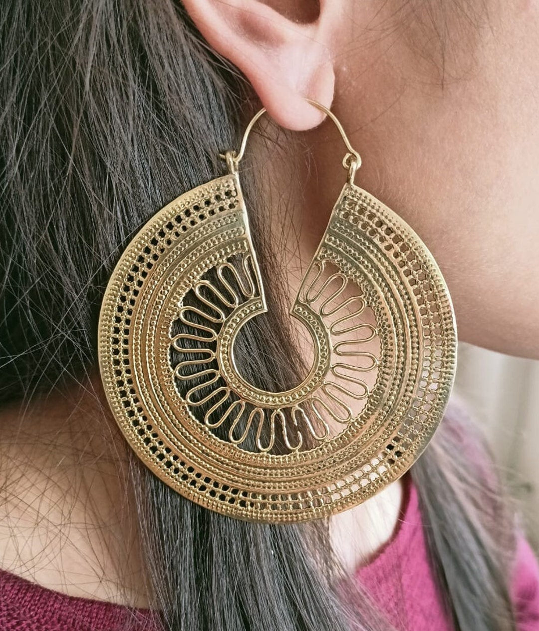 BOHO Gold Brass Round Disk Earrings - Large