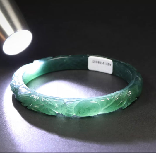 VINTAGE Large Certified Jadeite Green Jade Bangle Size 60mm HandCarved Dragone Phoenix Jade - Brings Harmony G819