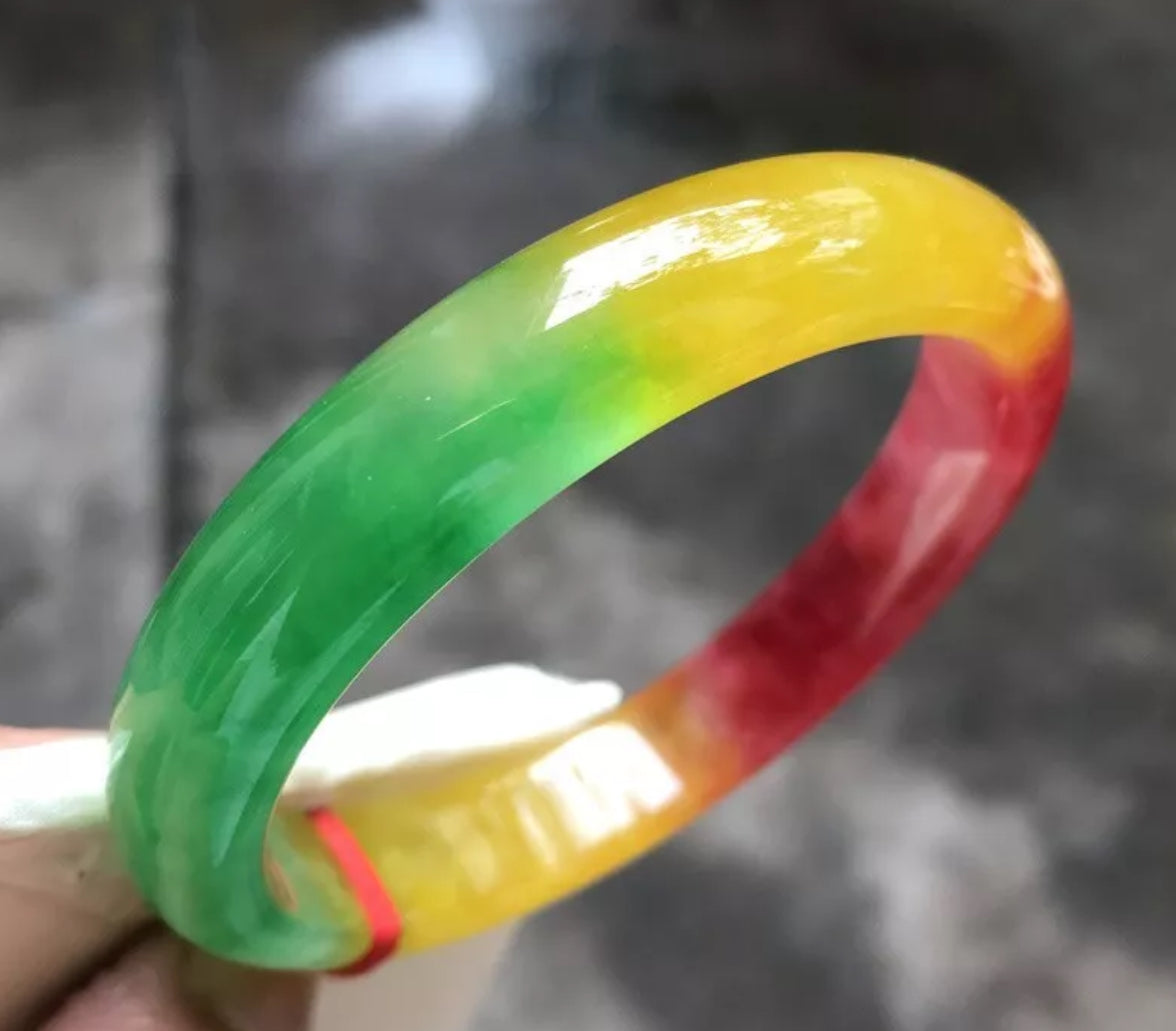 VINTAGE Large Jadeite Green/Red/Yellow Jade Bangle Size 62.8mm Unique Trio Jade Shades D191