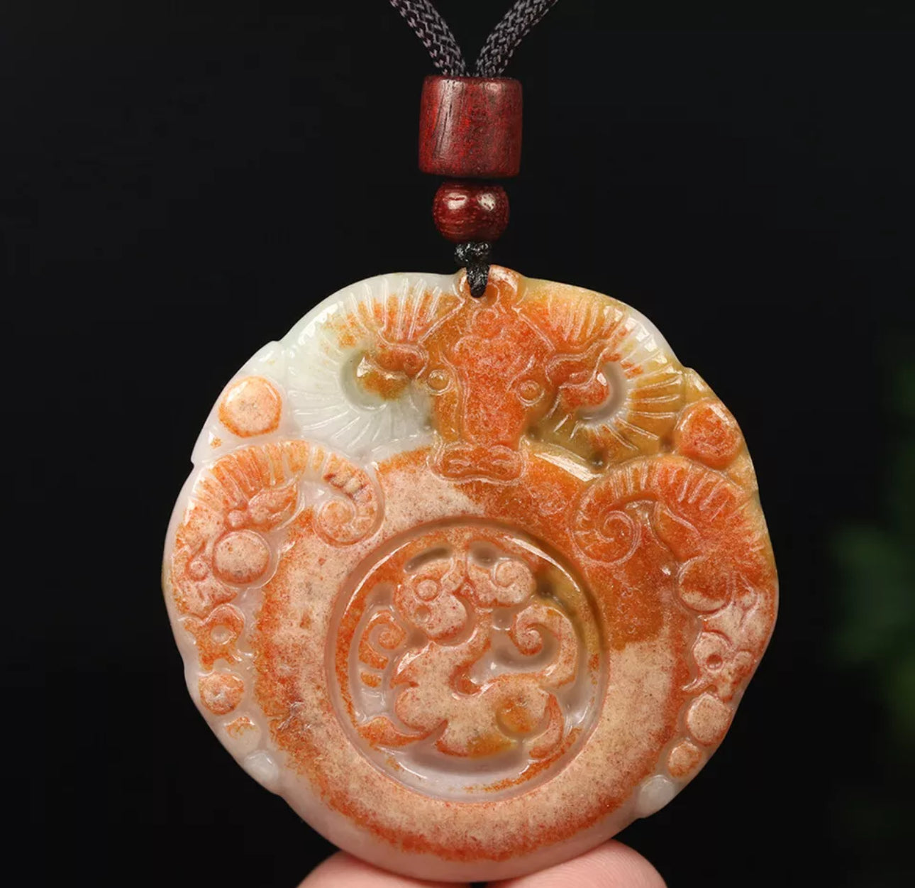 VINTAGE Red Brown Jadeite Green Jade Pendant Hand-carved Ox Dragon - Fine Unique Jade D883