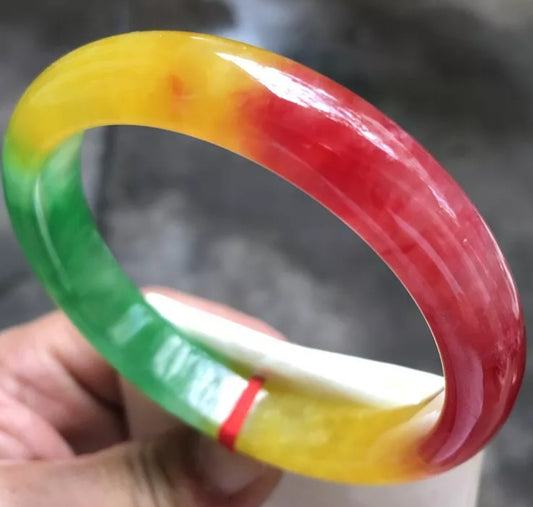 VINTAGE Large Jadeite Green/Red/Yellow Jade Bangle Size 62.8mm Unique Trio Jade Shades D191