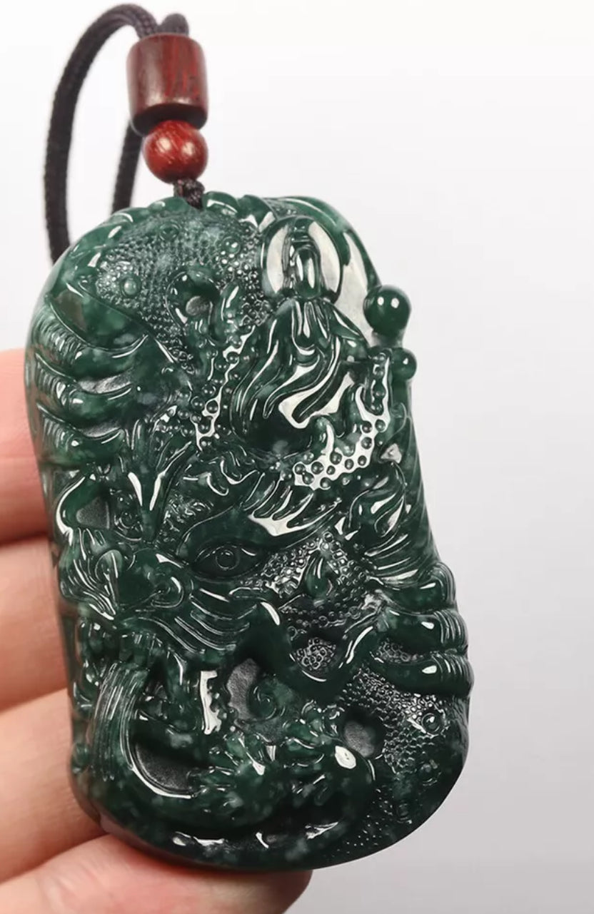 VINTAGE Green Jadeite Dragon Kwan-Yin (Guanyin) Jade Pendant - Certified Grade A Jade Piece D242