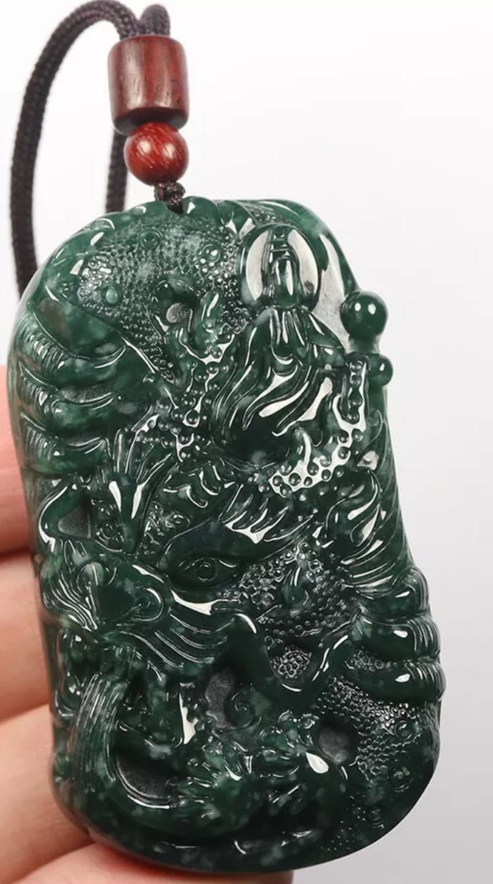 VINTAGE Green Jadeite Dragon Kwan-Yin (Guanyin) Jade Pendant - Certified Grade A Jade Piece D242