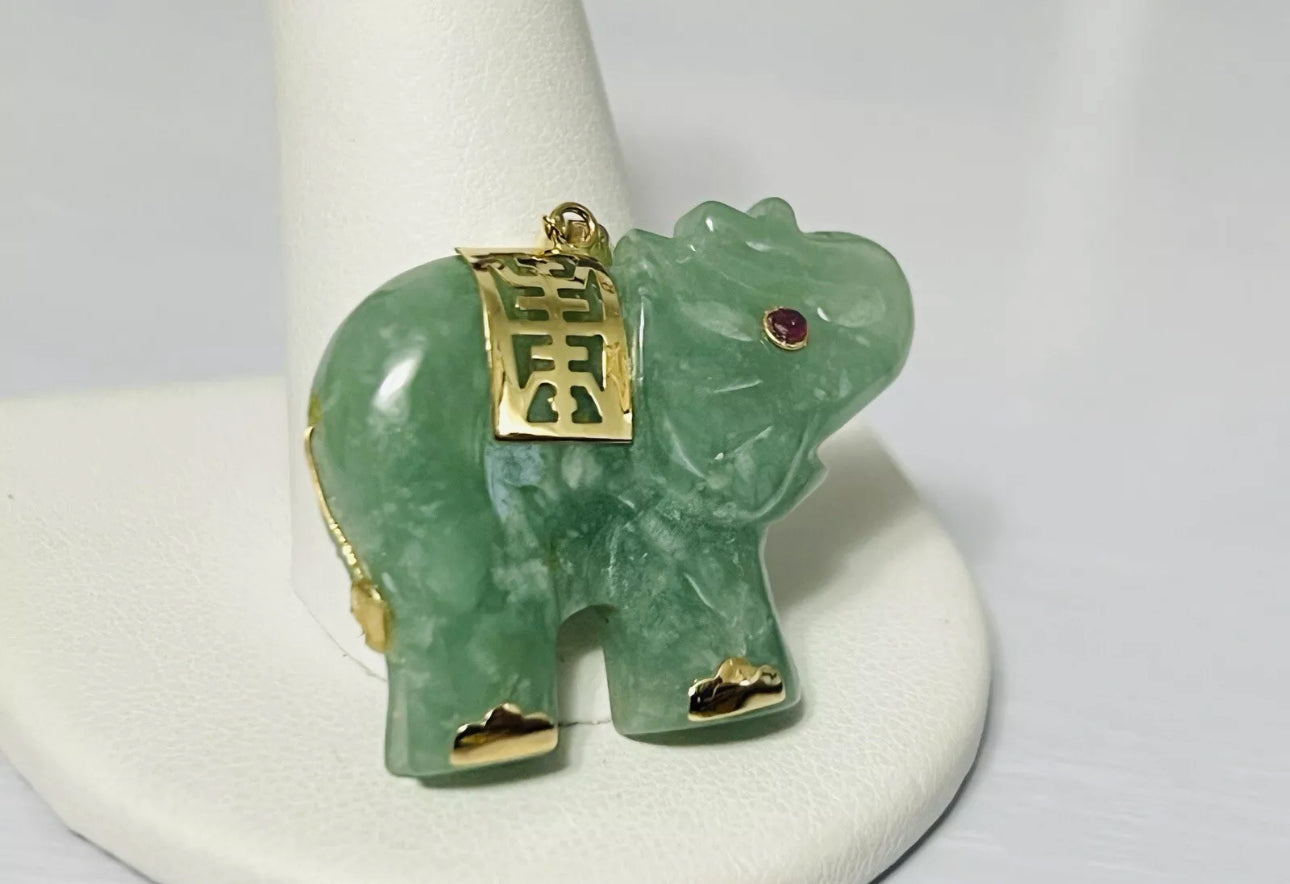 VINTAGE Jadeite Green Jade Elephant 14k Yellow Gold w/ Red Ruby Eye Pendant - Fine Jade Piece