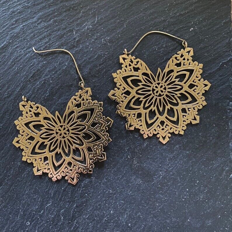 Boho Gold Brass Large Earrings - Large Mandala