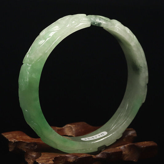 VINTAGE Large Jadeite Green/White Hand-Carved Dragon Ruyi Jade Bangle - Year of the Wood Dragon!M489