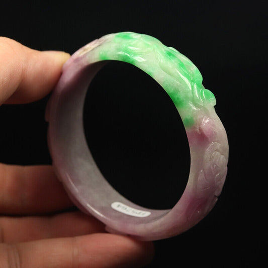 VINTAGE Small Jadeite Green/Lavender Jade Bangle Size 56mm Handcarved Ruyi Y581