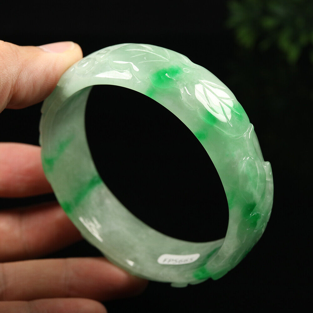 VINTAGE XL Jadeite Green Jade Bangle - Size 65mm Hand Carved Dragon Lotus-Lunar Year! Y665