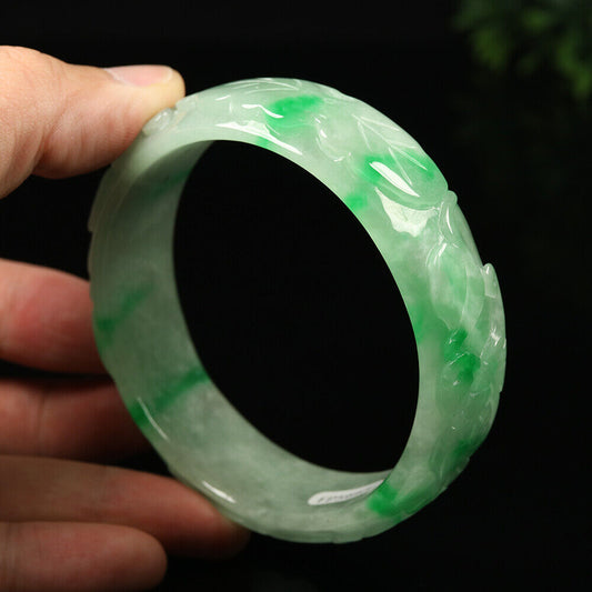 VINTAGE XL Jadeite Green Jade Bangle - Size 65mm Hand Carved Dragon Lotus-Lunar Year! Y665