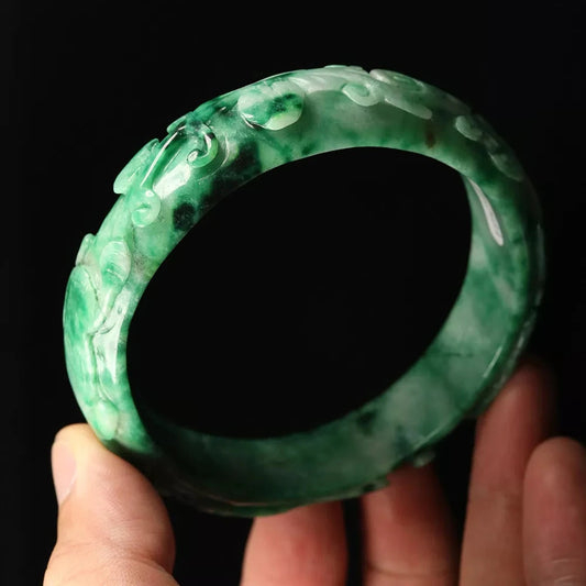 VINTAGE XXL Jadeite Green Jade Bangle Hand Carved Dragon Phoenix Fish Size 67mm L749