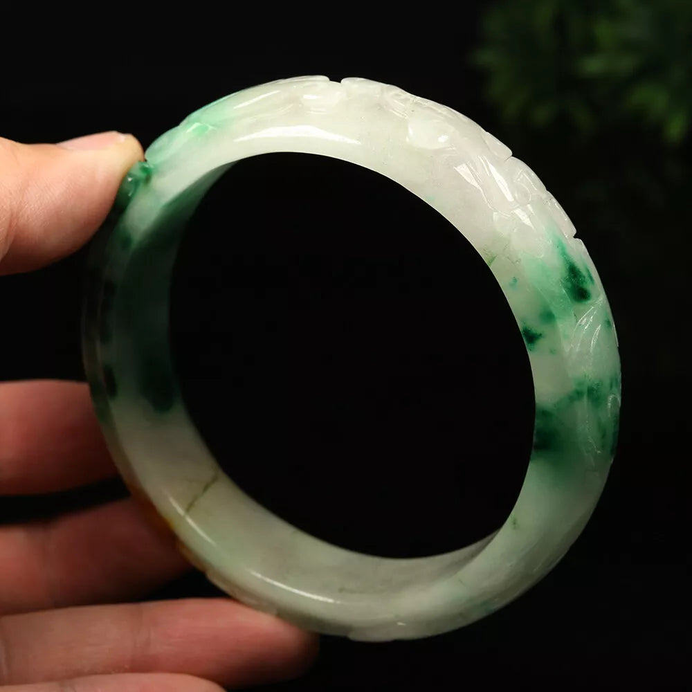 VINTAGE XXL Jadeite Green/Brown/White Jade Bangle Hand Carved Size 67mm Dragon Lotus Bat - Fine Unique Piece G670