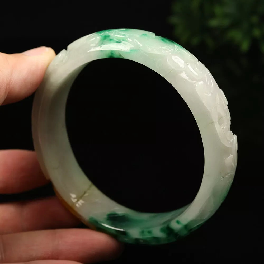 VINTAGE XXL Jadeite Green/Brown/White Jade Bangle Hand Carved Size 67mm Dragon Lotus Bat - Fine Unique Piece G670