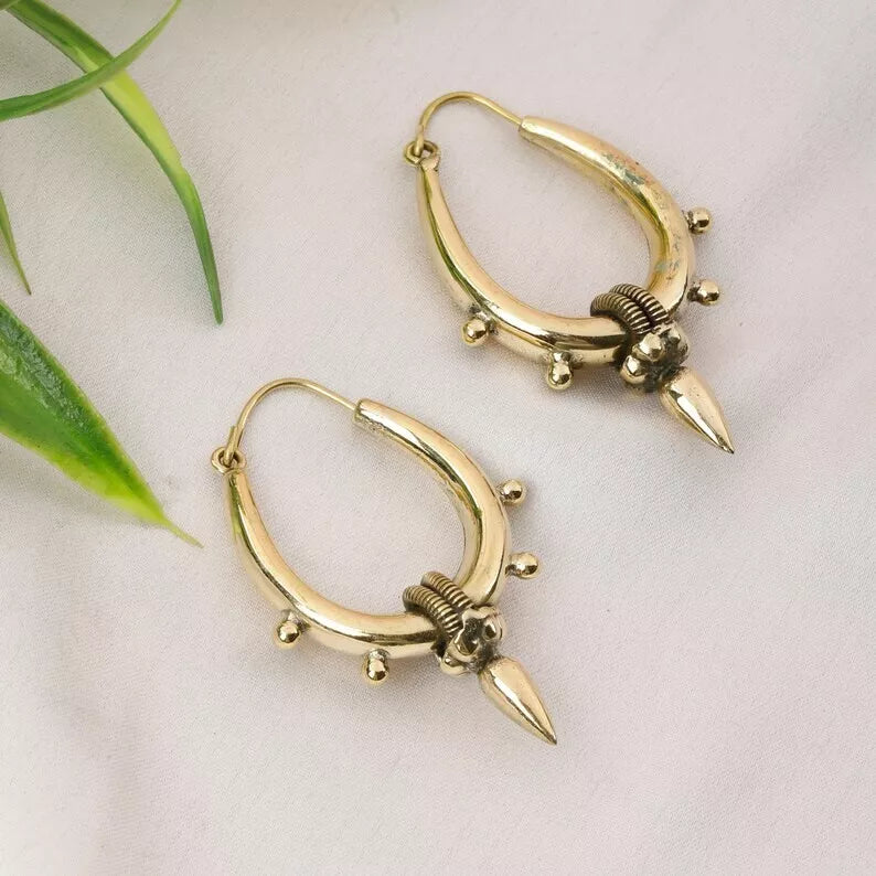 Boho Gold Brass Earrings - Tribal Spike Dangle - JazzyJewelbyAmina 