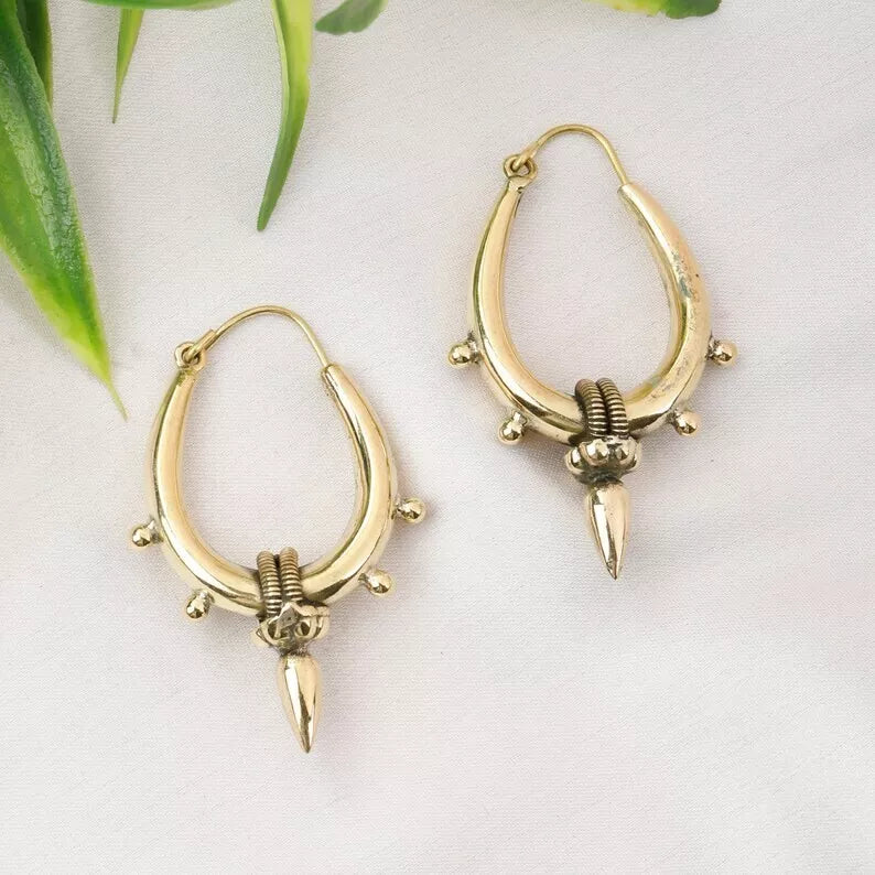 Boho Gold Brass Earrings - Tribal Spike Dangle - JazzyJewelbyAmina 