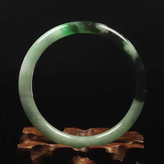 VINTAGE Medium Jadeite Green /Black Jade Bangle - Round Princess Thin Cur - Size 59mm 'FINE HAIRLINE CRACK' U987