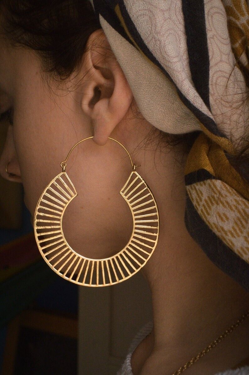 Boho Gold Brass Oversized Earrings - Large Round Sunburst Hoops