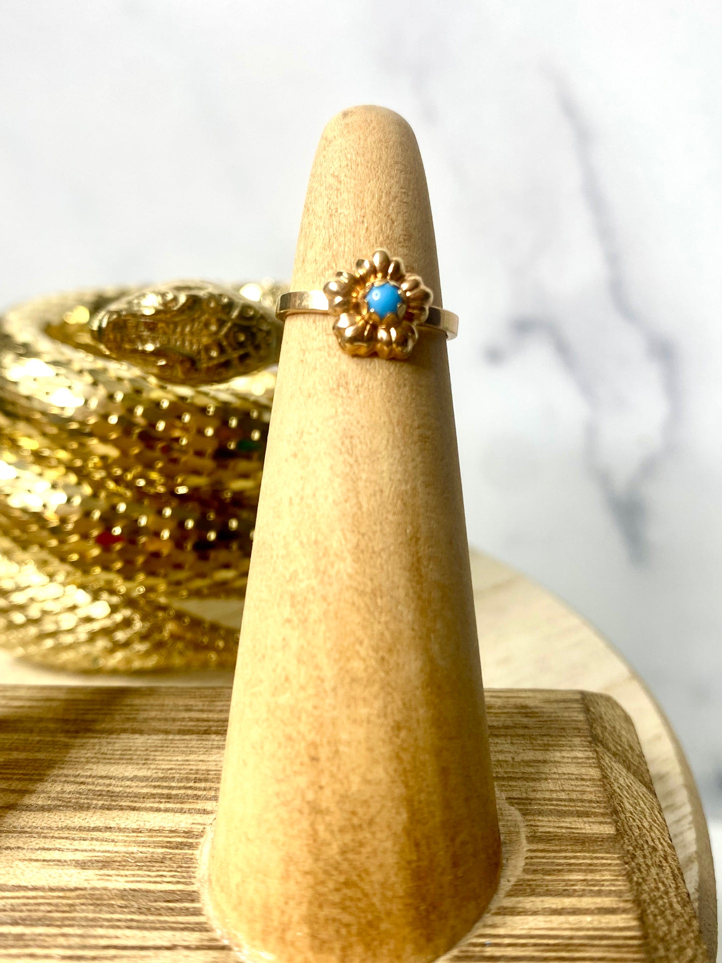 VINTAGE 18K Yellow Gold Ring Micro Turquoise Stone Ring Size 3 US (baby/child)