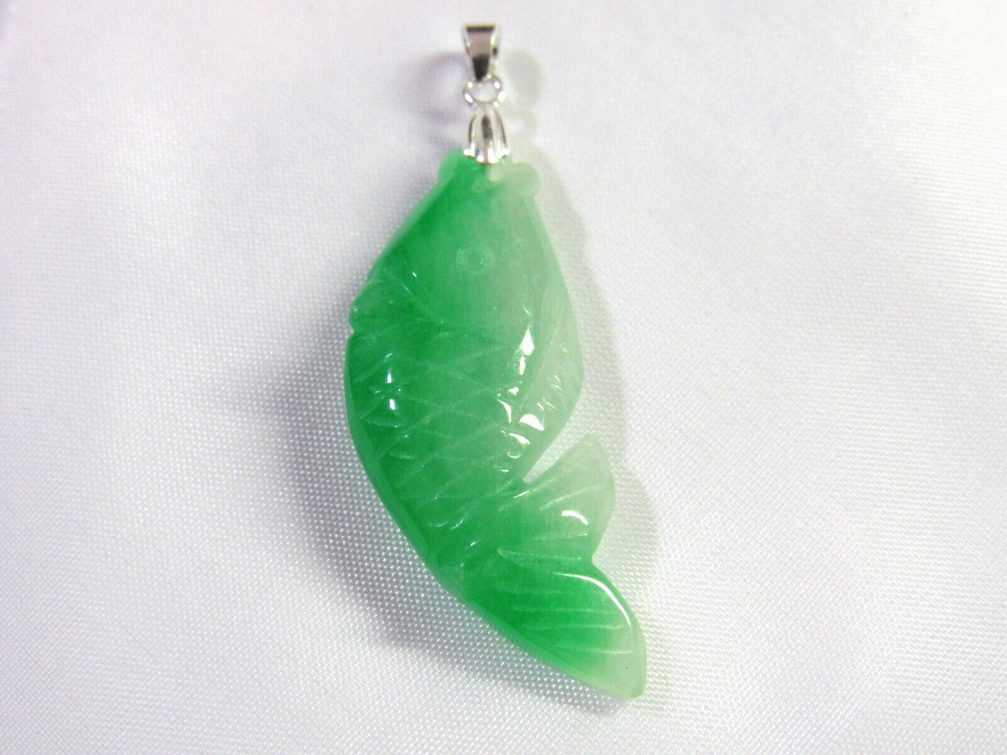 VINTAGE Jadeite Green Jade Fish Pendant - 925 Sterling Silver Bail- Lucky Jade Piece! M385