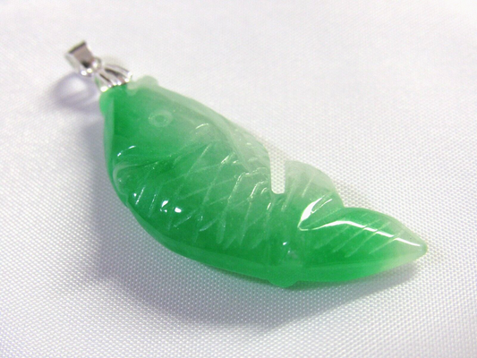 VINTAGE Jadeite Green Jade Fish Pendant - 925 Sterling Silver Bail- Lucky Jade Piece! M385