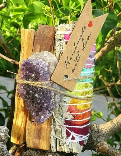 Meditation Kit Smudge and Crystals Selenite, Amethyst, Palo Santo,7 Chakra Sage