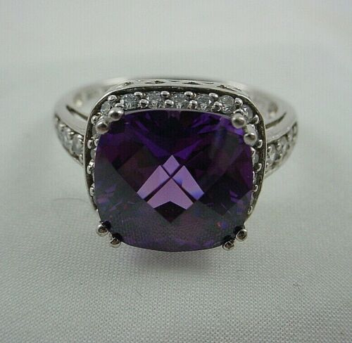 VINTAGE Large Amethyst Ring - Square Cushion Cut Sterling Silver (925)  - Size 10